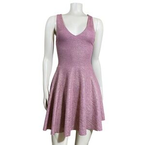 Pink Gold Metallic Fit & Flare Skater Dress V-Neck Cutout Medium Fairy Glitter